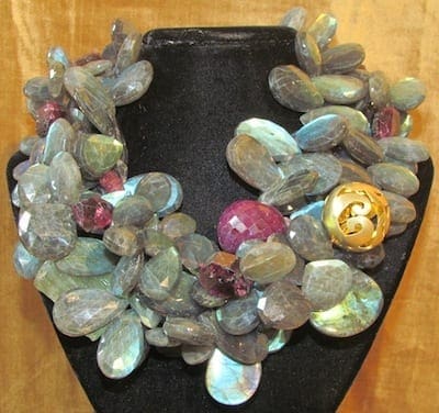 Ariane Zurcher Jewelry ~ Samadhi Collection:  18 Kt Brushed Gold, Labradorite, Pink Tourmaline, Moss Aquamarine, Ruby, Green Aquamarine 
